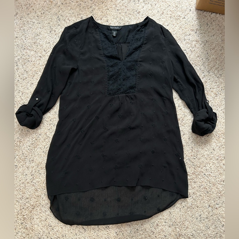 White House Black Market Black Semi Sheer 3/4 Sleeve Long Blouse size 2